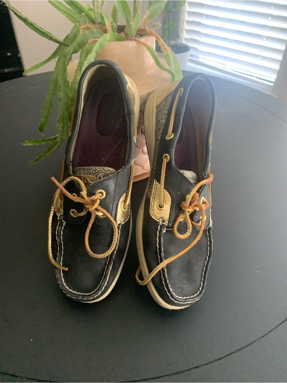 Women’s Black and Gold Boat Shoes